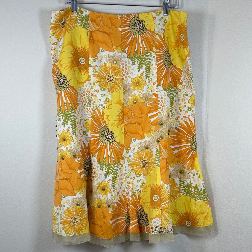 Evelyn Sunshine Floral Beaded A-Line Linen Blend Skirt Retro Vintage Style Sz 14